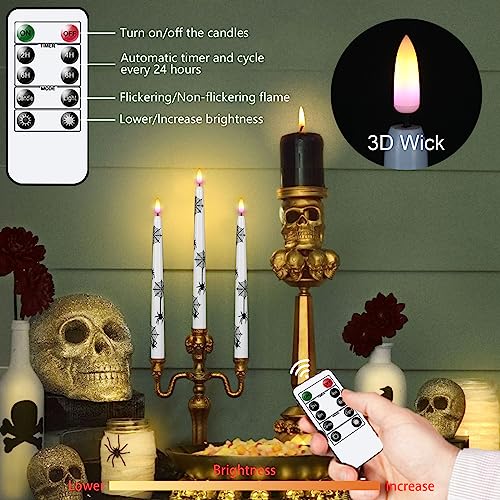 Image of Halloween Decoration Flameless Taper Candles with Remote Timer, Battery Operated LED Halloween Candles Flickering with Spider Web Pattern for Halloween Decor(4 Pack)