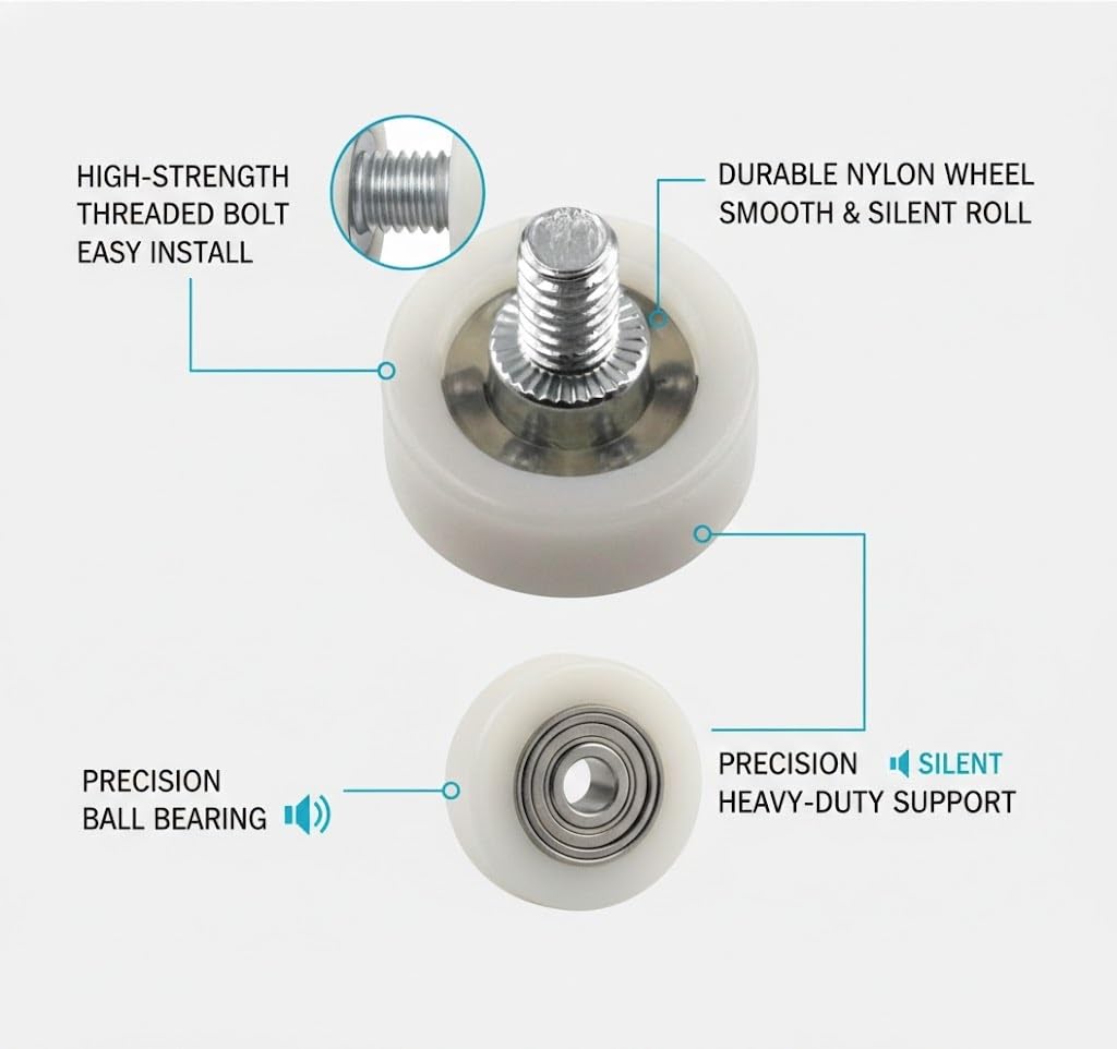 22mm Nylon Bearing Roller M6 Threaded Stud - Smooth Sliding Drawer Pulley Wheel for Cabinets Furniture Hardware Replacement - White POM Plastic Track Guide with Steel Shaft (2 Pack)(CT22*7-C2L8M6)