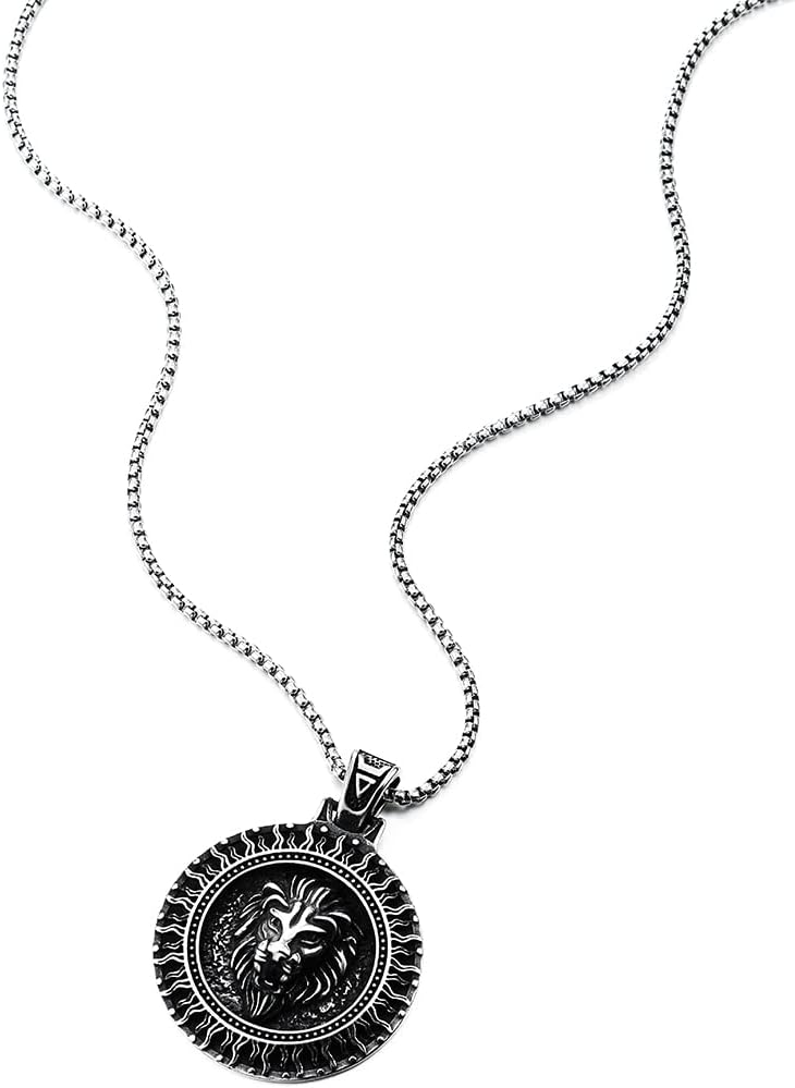 COOLSTEELANDBEYOND Men Women Steel Embossed Lion Head Sunray Circle Medal Pendant Necklace, Vintage Blackened - Image 3