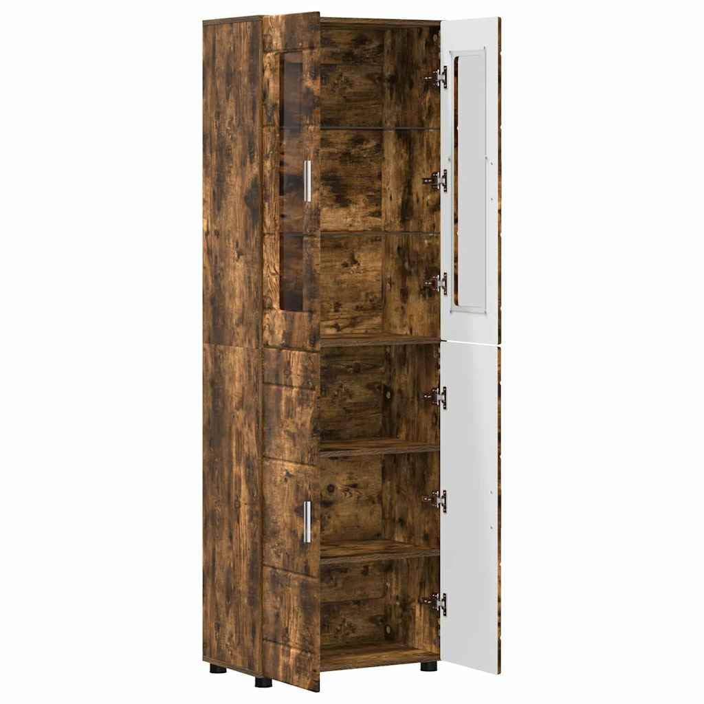 Florin Meuble haut 60 x 35 x 182 cm en chêne fumé avec 4 portes et 6 étagères pour un espace de rangement élégant dans le salon, le bureau à domicile ou la chambre à coucher, matériau en bois
