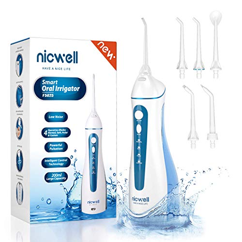 Water Flosser Cordless for Teeth - Nicwell 4 Modes Dental Oral Irrigator, Portable and Rechargeable IPX7 Waterproof Powerful Battery Life Water Pick Teeth Cleaner for Home Travel(White)