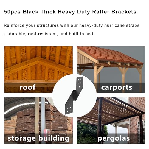 Image of 50pcs 16-Gauge Thick Hurricane Straps, Black Powder-Coated Rafter Ties | Heavy Duty Right Rafter Brackets, Strong Hurricane Clips, Tie Brackets for House, Roof Trusses, Shed, Building (Right)