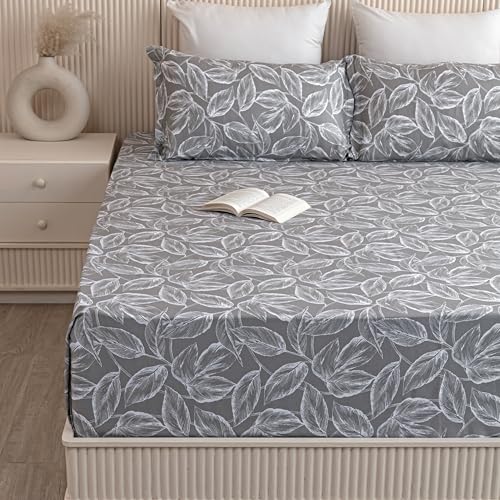 Image of HOMEMONDE Cotton Bedsheet for Single Bed Soft Luxury Leaf Printed 210 TC Flat Sheet with 1 Pillow Cover, Perfect for Home Decor & Gifting - (60 x 90 Inch, Grey)