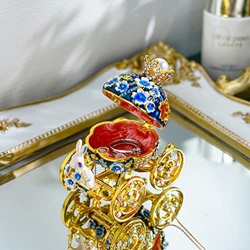 Image of YU FENG 3'' Hand Painted Enamel Pumpkin Carriage Trinket Box With Bunny Flowers Hinged Jewelry Organizer with Crystals Ring Earrings Storage Home Decor Figurine Keepsake Collectible