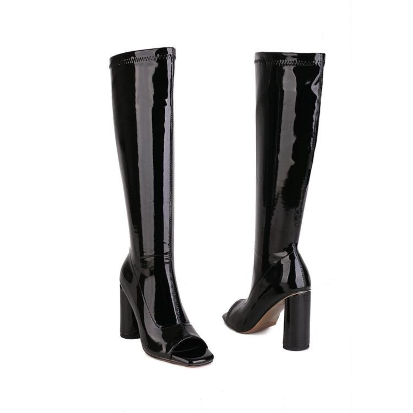 Generisch Damen Kniestiefel Abendparty Offene Zehen Klotzabsatz Stretch Lackoptik Quadratische Zehen Form Elegante Lange Stiefel Für Festliche Anlässe