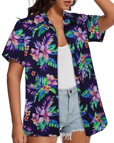 Image of Women Hawaiian Shirt Button Down Summer Tops Beach Short Sleeve Blouse