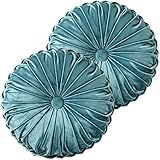 HIG Set of 2 Decorative Round Pleated Throw Pillows, Classy Accent Pumpkin Throw Pillows with Center Button, Vintage Velvet Floor Pillows for Sofa Couch Vanity Chair Bed, Teal, 14.5' Diameter(Ripple)