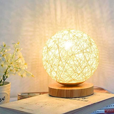 LED Wood Table Lamp, Nullnet Wood Decorative Bedside Lamp USB Charger with Hand-Knit Lampshade Bedroom Decorative for Bedroom, Living Room, Nightstand, End Table, Coffee Room, Baby Room-5.9IN Cover