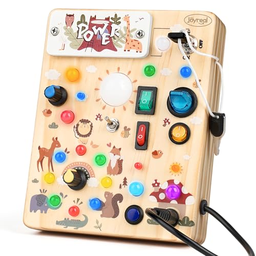Image of Joyreal Wooden Busy Board with LED Lights, Montessori Sensory Toys for Toddlers, Activity Fidget Board Travel Toys for Fine Motor Skills & Learning, Gifts for 1-3 Year Old Boys & Girls (Forest Theme)