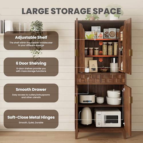 Image of Pantry Cabinet, 71 inch Tall Pantry Cabinet,Modern Kitchen Cabinet with Doors, Drawers & Adjustable Shelves, Freestanding Food Pantry Cupboard with Side Rack for Kitchen Dining Room,Walnut