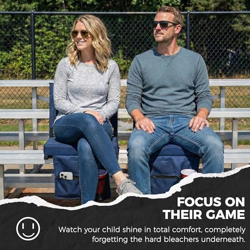 Image of SPORT BEATS Stadium Seats with Back Support Bleacher Chairs with Back and Cushion Thick Padded Bleacher Seats Includes Shoulder Strap Navy Blue 2pcs Regular - 17 inch W x 12 inch D x 16.5 inch H