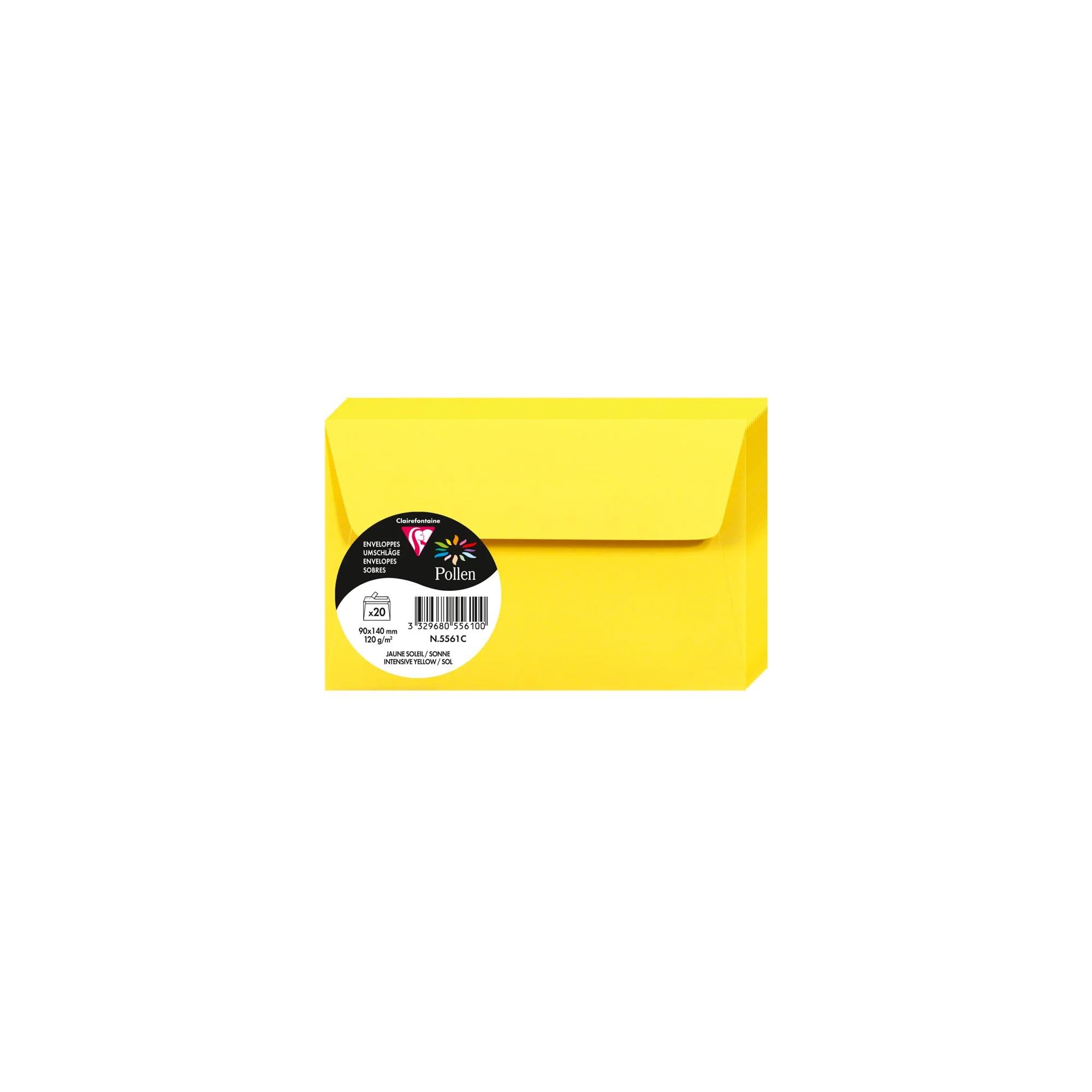 Clairefontaine 5561C Pack of 20 Self-Adhesive Envelopes Format 9x14cm 120g/m² Intensive Yellow Invitation Events Correspondence Pollen Range Premium Paper