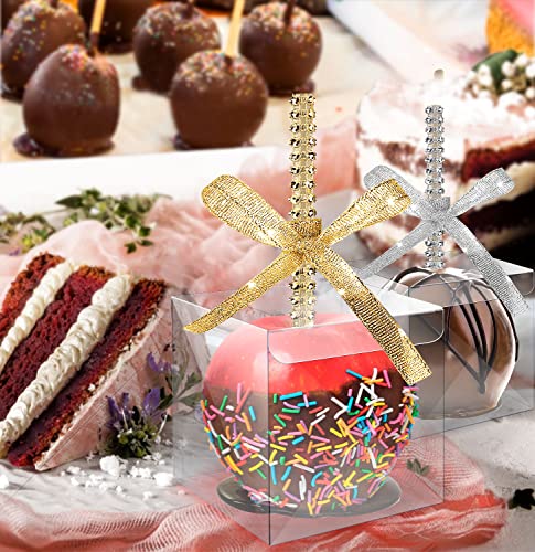 Mgwoth Candy Apple Boxes With Bling Stick Hole Set, 20 Pack Caramel Apple Wrapping Kit With Clear Containers & Rhinestone Bamboo Skewers & Glitter Ribbons,Decorative Top For Cake Pop Chocolate Treat #TOP6