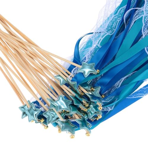 Image of 24 Pack Fairy Wands, Ribbon Lace Fairy Wands with Bells, Decorative Silk Stick with Streamers for Wedding Birthday Party, Pretty Pentagram Ribbon for Girls