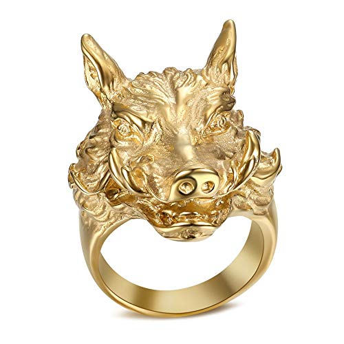 Preisvergleich Produktbild BOBIJOO JEWELRY - Großer Ring Siegelring Wildschwein Warzenschwein Jäger Art Stahl-Gold Vergoldet Plattiert Mit - 22,6 (13 US), Vergoldet - Edelstahl 316