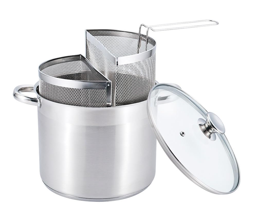 Pentola Spaghettiera Doppio Cestello in Acciaio Inox 18/10 – Triplo Fondo per Induzione e Gas, Cuoci Pasta con Cestelli Separati, Cottura Multipla per Pasta e Verdure (24CM)