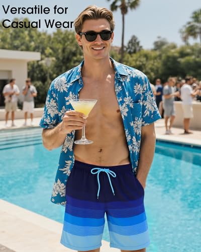 Image of Mens Swim Trunks with Compression Liner 2 in 1 Quick Dry Swimming Shorts Swimwear Bathing Suits with Pockets, Stripe Dark Blue, M