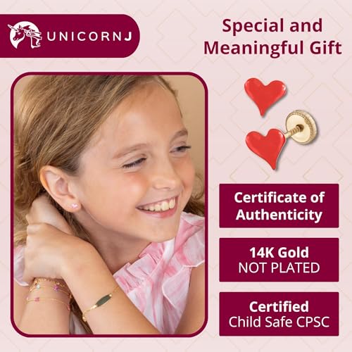 UNICORNJ 14k Yellow Gold Stud Earrings Small Heart with Color Enamel for Girls or Women Screwback3