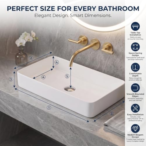 Image of OSOSAM Countertop Ceramic Wash Basin for Bathroom | Glossy White Rectangle Vessel Sink | Modern Table Top Vanity Basin for Home & Hotel | 24 x 14 x 5 Inch