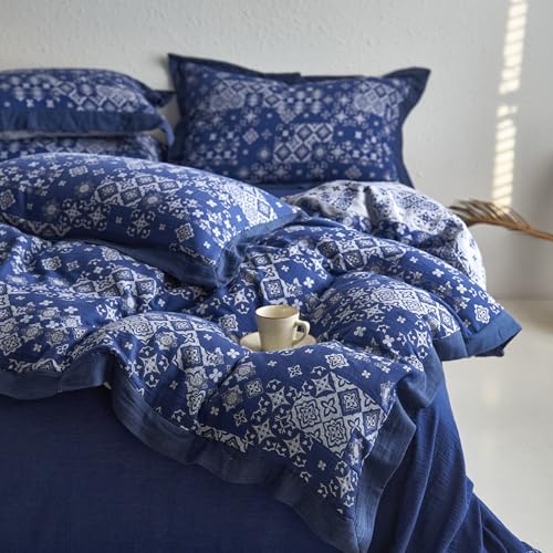 VM VOUGEMARKET Bohemian Duvet Cover Queen Navy Blue White Geometric Duvet Cover Yarn-Dyed Cotton 3 Pieces Jacquard Comforter Cover with Zipper Closure,Navy Blue/White