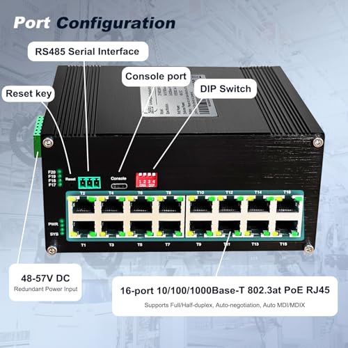 Image of Industrial L2+ Managed 16 Port PoE Ethernet Switch, Gigabit Networking Switch with IPv4 /IPv6 Management and DIP Switch, Supporting Din-Rail