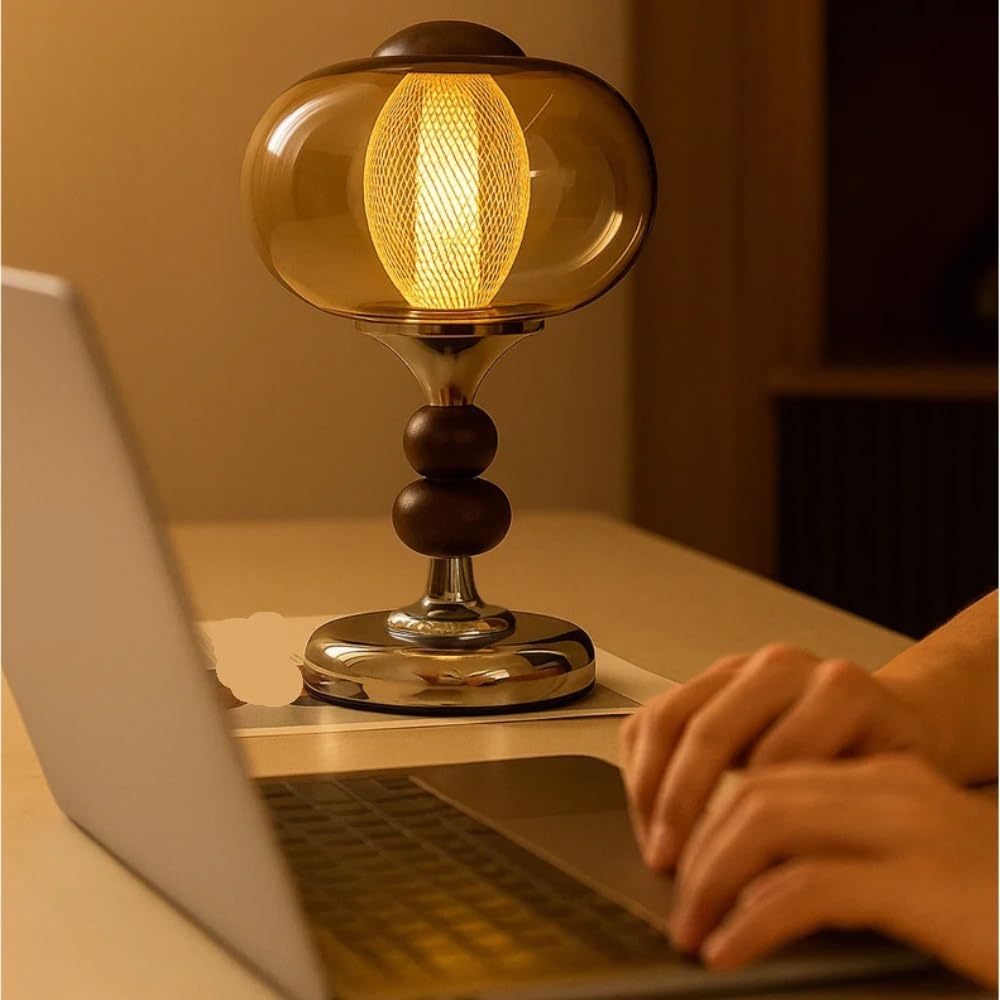 Lampada vintage in legno, luce notturna da comodino touch | Base in legno massello, paralume in vetro, controllo touch, metà secolo, luce notturna