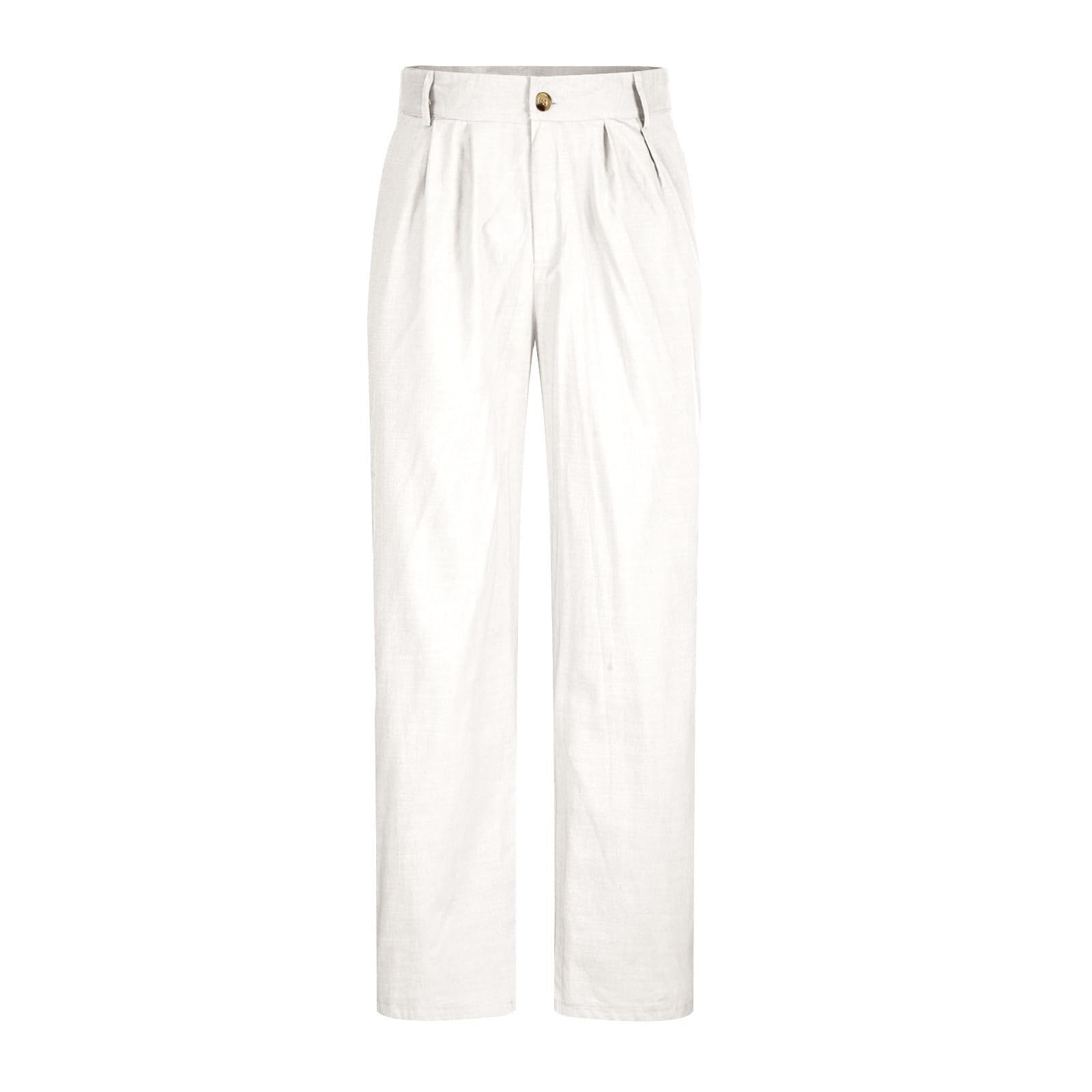 GKZA Mens Casual Cotton Linen Pants Elastic Waist Lightweight Loose Fit Summer Cotton Beach Yoga Trousers (White,3XL) YM21