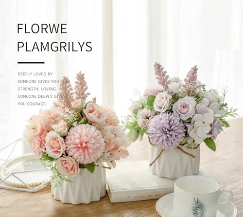 Hisow BP-4558 Artificial Flowers In Pot, Mini Artificial Flower Arrangements With Ceramic Vase thumb #1