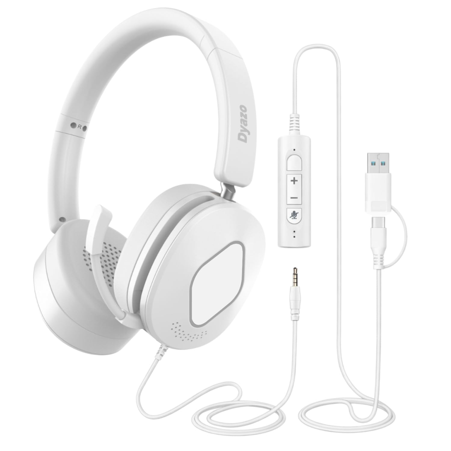 Dyazo 3-in-1 Wired Headset with Mic | Active & Environmental Noise Cancellation | USB, Type-C & 3.5mm Connectivity | Volume & Mute Controls | On-Ear Headphones for PC, Laptops & Mobile Phones (White)-picture-14