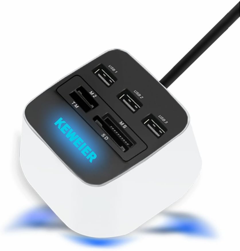 Keweier 3 Port USB 2.0 Lighting Hub Cube with SD/TF/M2/MS Card Reader for macos/windows/linux , Anti-slip Mat