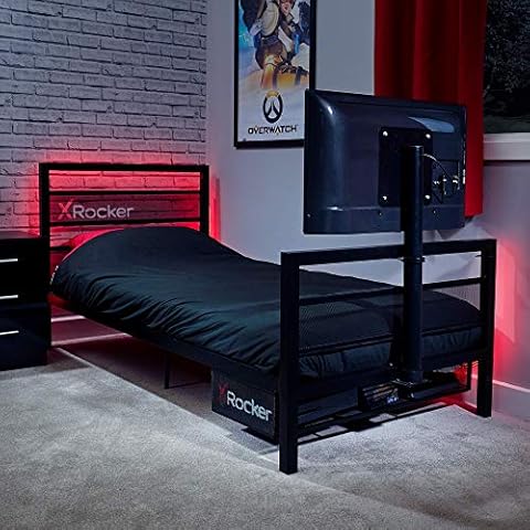 X-Rocker Basecamp Gaming Bed with Rotating TV Mount, Storage, Cable Management, Single 3ft Low Sleeper Bedstead, Metal Frame, Kids Bedroom - Black Cover