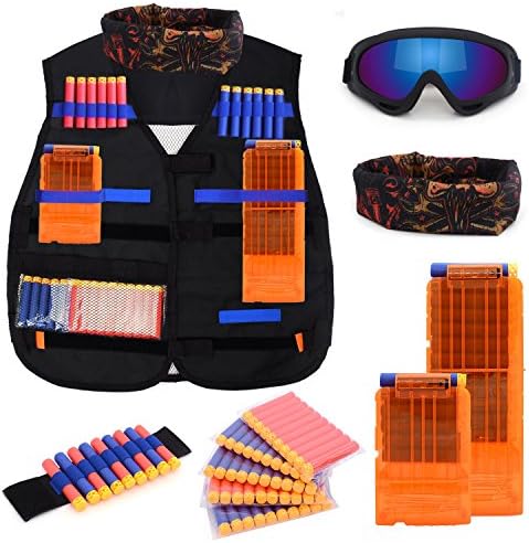 Kids Tactical Vest Kit for Nerf Guns, N-strike Elite Series with 50 Bullets Refill Darts + 2 Reload Bullet Clips + Face Tube Mask + Protective Glasses + hand wrist band
