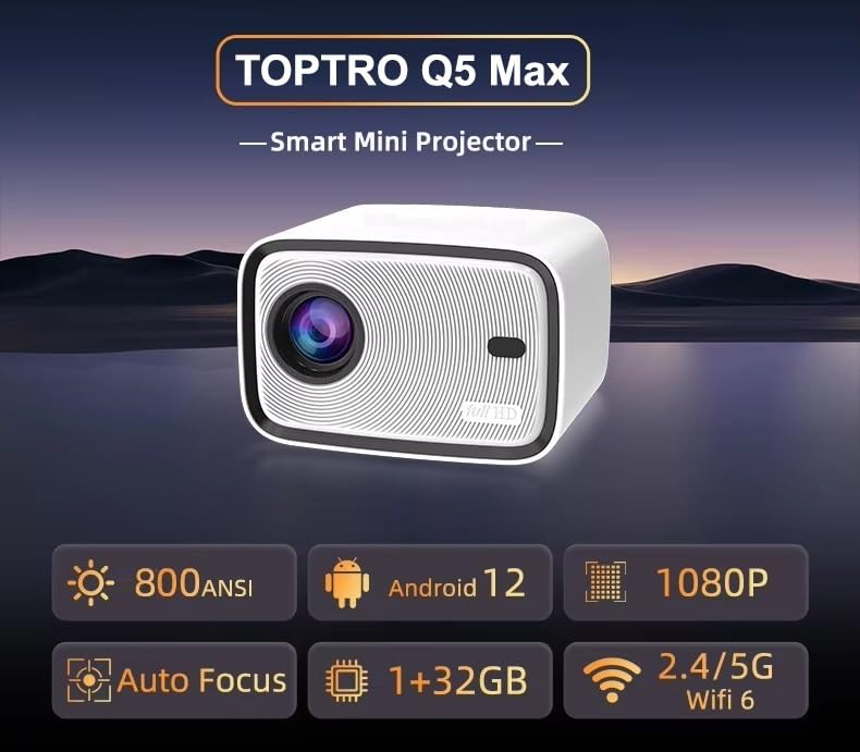 Image of TOPTRO Q5 Max Smart Projector 4K Ultra HD, [Best in The Segment] Android 12, HDMI ARC, 12000 Lumens, Auto Focus, 1G 32G, Native 1080p, WiFi BT YouTube Prime Hotstar 200 inch Max Portable Projector