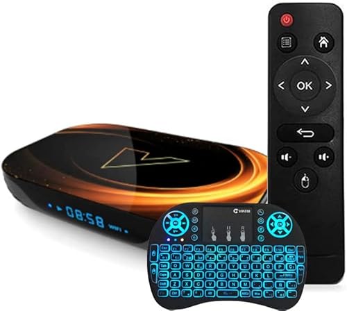 AMITVA Android 9.0 TV Box, VONTAR X3 Amlogic S905X3 Quad-Core Cortex-A53 BT4.0 2.4Ghz / 5.0Ghz WiFi Soporte 8K /4K Ultra H.265 Smart Set- Top TV Box, con Teclado Inalámbrico,4gb+32gb