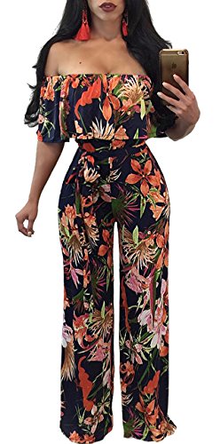 Aro Lora Women's Off Shoulder Floral Printed Cropped Wide Leg Jumpsuits Romperss Large Multicolor