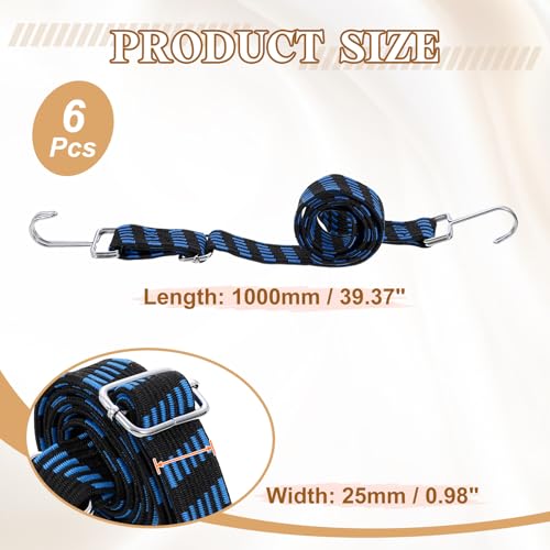 Image of uxcell 6Pcs Adjustable Bungee Cords with Hooks, 39 Inch Flat Heavy Duty Elasticity Straps Rubber Bungee Cords with Buckle for Outdoor, Camping, Tarp, Bike Rack, Luggage, Black Blue
