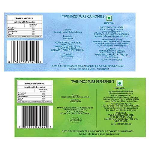 Image of Twinings Pure Camomile & Pure Peppermint Tea, Herbal Infusion Two Tea Combo Pack, Caffeine Free Herbal Tea for Good Sleep, Stress Relief &Anxiety Sugar-Free, 25 Teabags Each