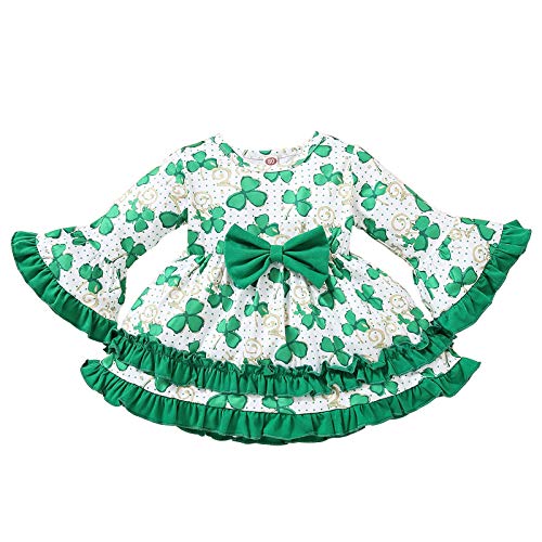 Toddler Kids Baby Girl St. Patrick s Day Dress Lucky Clover Rainbow Print Floral Dress Flare Sleeves Party Dress (4-5T, White Green Clovers Print Bowknot Dress)