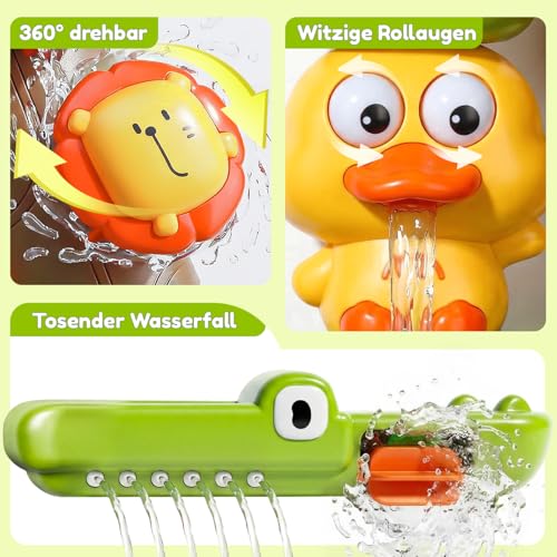 Badespielzeug Baby ab 1 Jahr mit 3 Saugnäpfen für extra stabilen Halt | Interaktives Wasserspielzeug mit Wasserrad & Gießkanne | Badewannenspielzeug Geschenk für Jungen & Mädchen