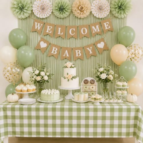 Image of Blue Orchards Sage Green Gingham Table Cover (Pack of 3 with 20 Glue dots) - 54 inchx108 inch XL - Sage Green and White Checkered Picnic Tablecloth, Baby Shower Decoration, Outdoor Birthday Party Supplies