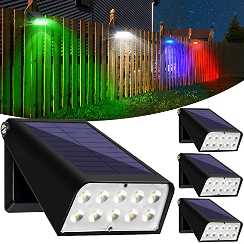 GUYULUX Luces solares RGBW que cambian de color para exteriores, luces de cubierta del atardecer al amanecer, 6 modos ajustables a 90°, ideal para lugares húmedos, paquete de pared solar brillante