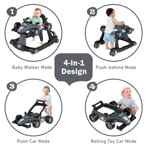 Image of BABY JOY 4-in-1 Baby Walker, Foldable Activity Walker with Adjustable Height & Speed, Music, Lights, Anti-Rollover, Toddler Push Walker, Baby Walker with Wheels for Boys Girls 6-18 Months (Gray)