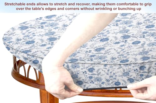 Image of The Furnishing Tree Elastic Cotton Oval Center Table Cover 16x48 in Inches Floral Blue on White Base
