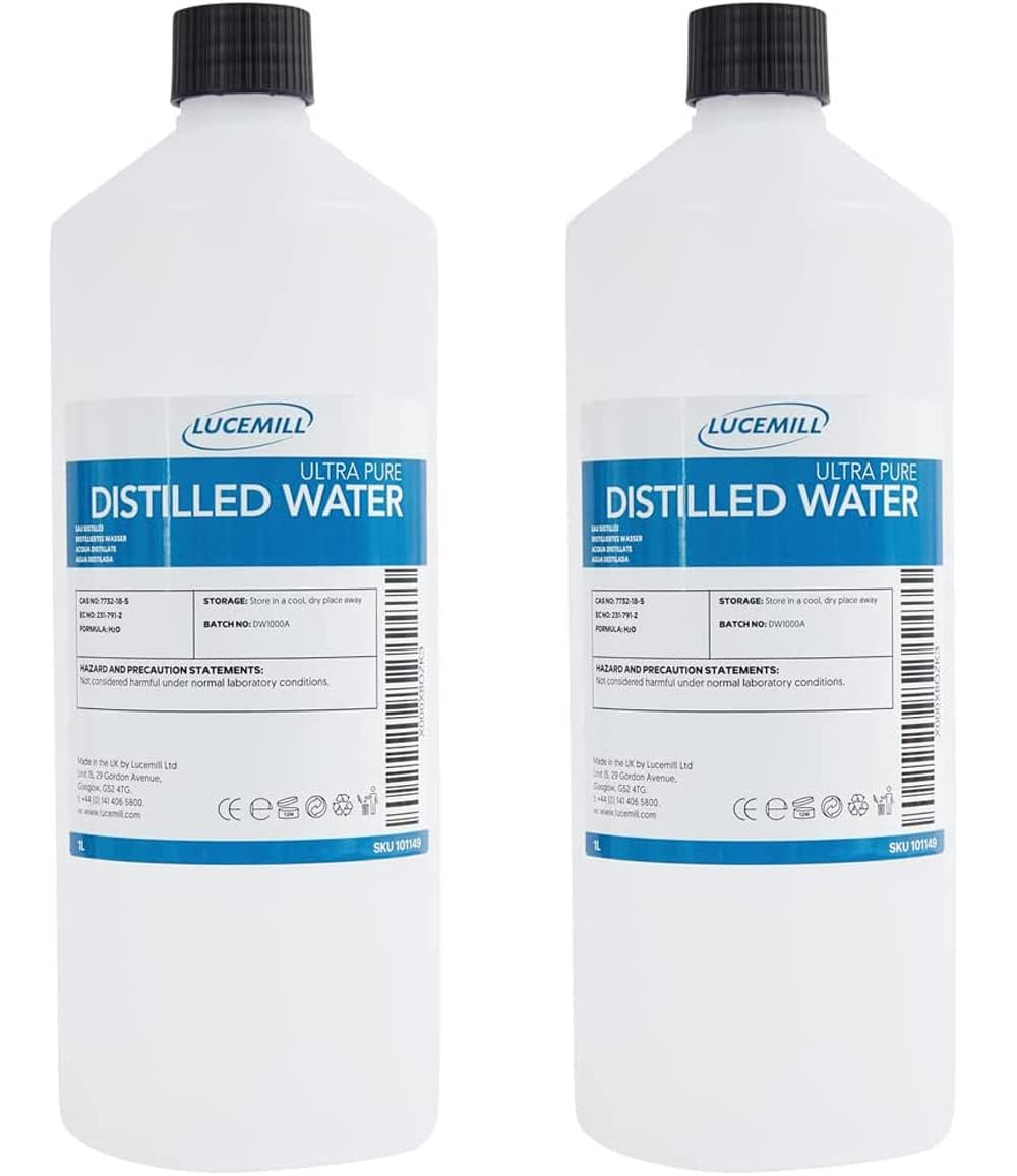LucemillDistilled Water | 2 x 1 Litre | Distilled Water for CPAP Machines, Irons, Cleaning Machines and More | Made in the UK