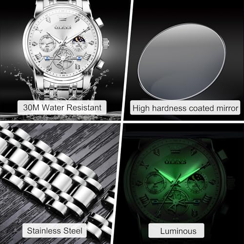 Image of OLEVS Men Watches Stainless Steel Chronograph Watch, Large Wrist Analog Quartz Watch, Fashion Waterproof Diamond Roman Numerals Dress Watches for Men, Gold /Black /White /Blue /Grey Dial
