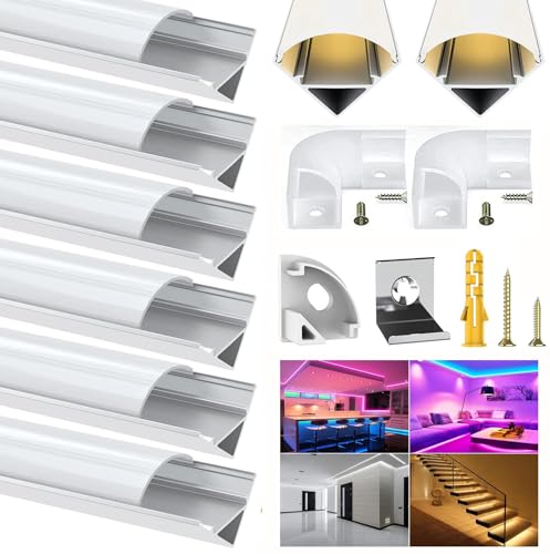 Chesbung LED Aluminium Profil für 12mm Led Streifen, 6X1m Stripes Schiene Strip Aluprofil V Form Alu Profil Leiste Kanal with Milchig Weißer Abdeckung, Stripe Diffusor mit 45 Grad Eckverbindern
