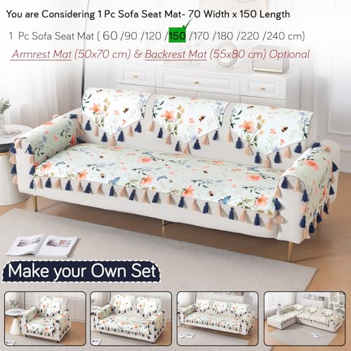 Image of HOKIPO Printed Holland Velvet Sofa Cover with Tassel for 1 /2 /3 Seater & L Shape Sofa | Make Your Own Set, 'Whispers of Nature' Sofa Mat, 70(W) x 150(L) cm, Pastel Butterfly Meadow (IN-1120-D2)
