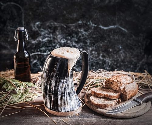 Norse Tradesman XL Viking Drinking Horn Mug - 100% Authentic Beer Horn Tankard With Hardwood Bottom and Ring Engravings | The Eternal, High Polish, approx. 30 oz - Thumbnail 6