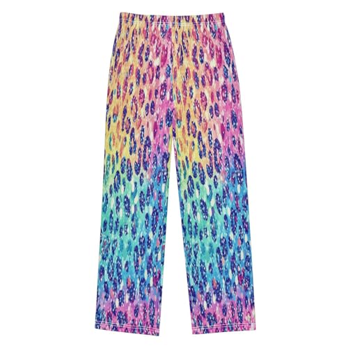 Glitter Rainbow Leopard Pattern Pajama Lounge Pants with Pockets Sleepwear Soft Elastic Waist PJ Bottoms 6-14 Years