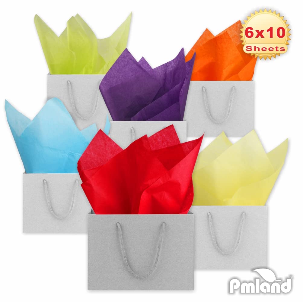 PMLAND Lot de 60 feuilles de papier de soie pour emballage cadeau – Arc-en-ciel Couleurs assorties (rouge, orange, jaune, vert, bleu et violet) – 50,8 x 66 cm